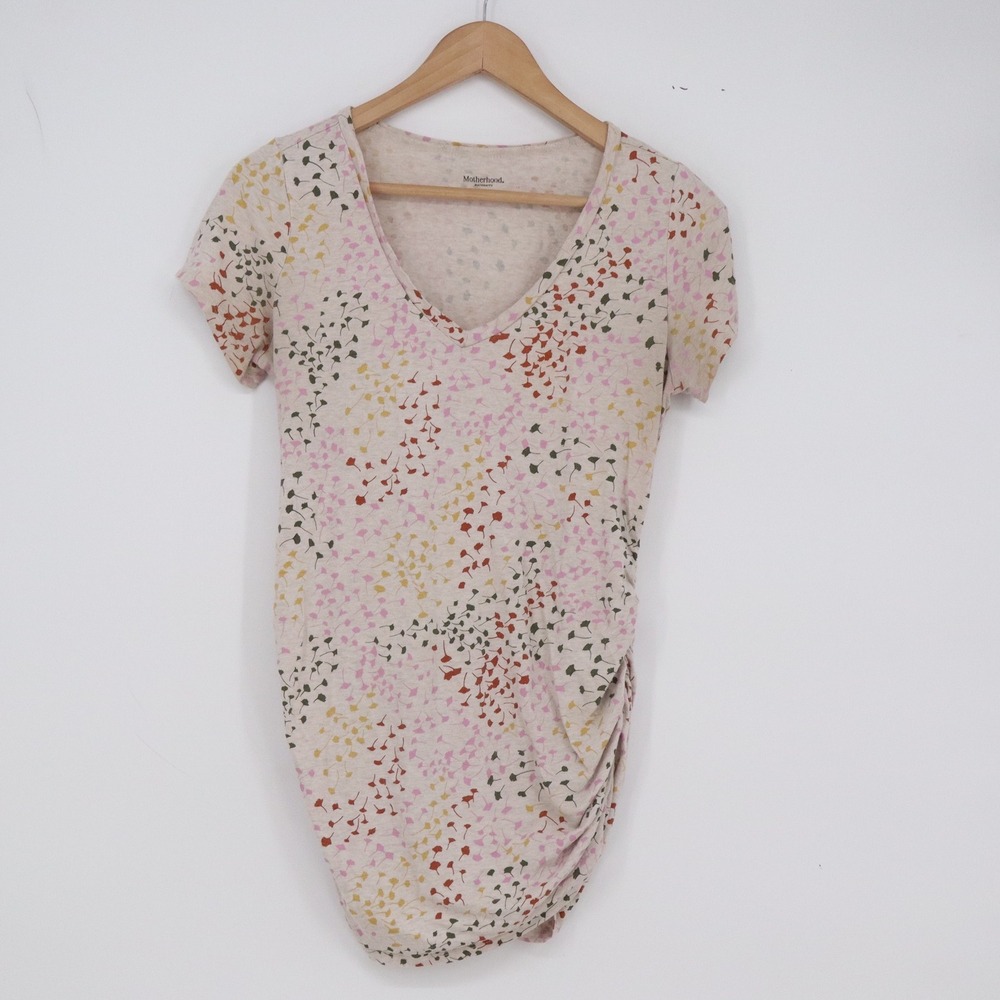 Motherhood Maternity T-Shirt Women S Floral Side Ruched V-Neck Cream Excellent